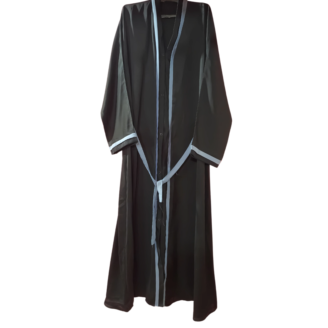 Tich Button V-Neck Black Abaya With Blue Strip & Rope For Women | HIJABONE | H1A002