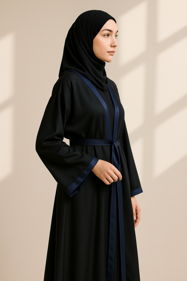 Full Length Tich Button V-Neck Black Abaya With Dark Blue Strip & Rope For Women | HIJABONE | H1A003 - Image 2