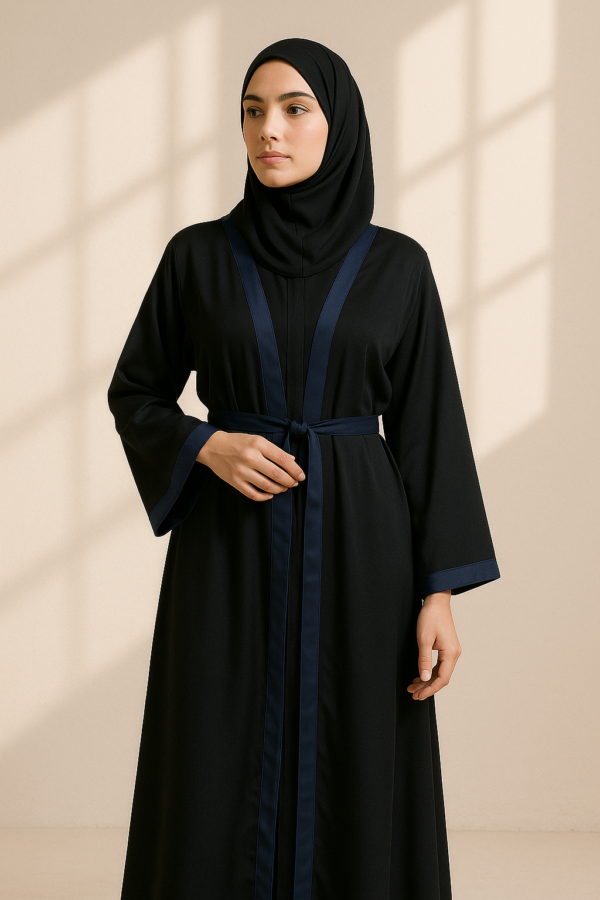 Full Length Tich Button V-Neck Black Abaya With Dark Blue Strip & Rope For Women | HIJABONE | H1A003 - Image 3