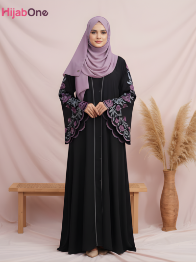 Black Embroidered V-Neck Abaya – Full Length with Tich Button - HijabOne