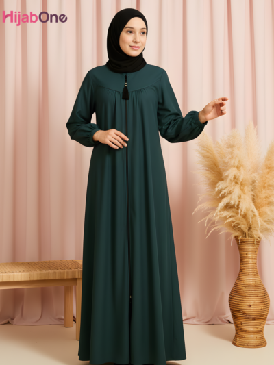 Three-Layered Full-Length Zip Collar Teal Green Abaya for Women - HijabOne