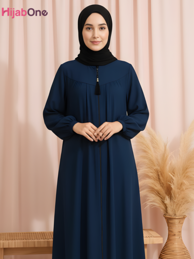 Three-Layered Full-Length Zip Collar Dark Blue Abaya for Women - HijabOne
