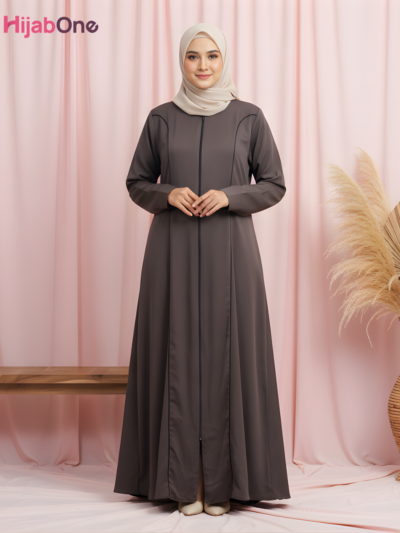 Full Length Zip Collar Dark Brown Abaya With Black Strip For Women - HijabOne