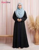 Full Length Tich Button V-Neck Black Abaya With Dark Blue Strip & Rope For Women - HijabOne