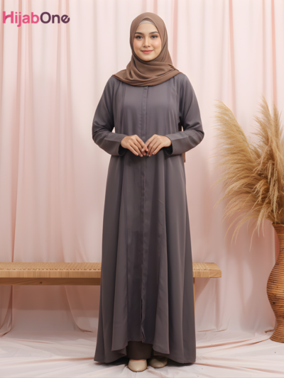 Full Length Tich Button V-Neck Brown Abaya For Women - HijabOne